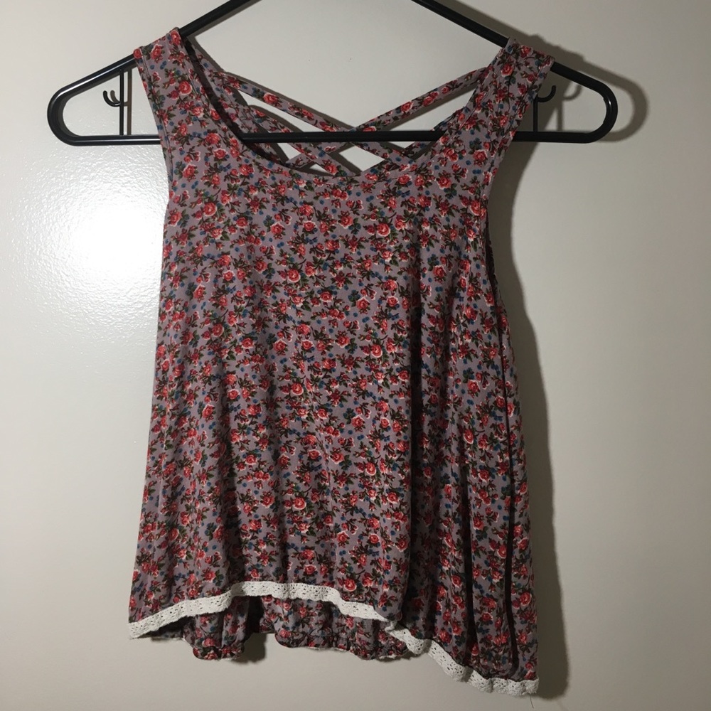 Crop top tank top with roses and crisscross back.